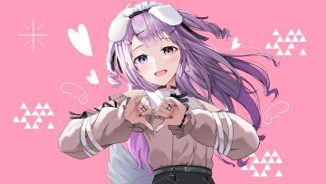 animal ears bandage bandaid bicolored eyes blush cac itinose choker doggirl fang headdress heart long hair original pink purple eyes purple hair shirt skirt twintails