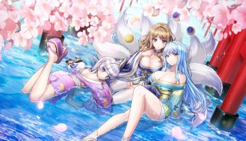 ass azur lane blue eyes blue hair bow braids breast hold brown hair cherry blossoms choker cosplay crossover dolphin wave flowers foxgirl gray hair japanese clothes kimono long hair multiple tails nayuki hiyori no bra ootomo takuji open shirt petals purple eyes red eyes schnee weissberg skirt socks suminoe shion tail thighhighs torii water zettai ryouiki