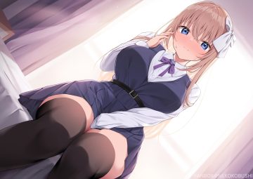bed blonde hair blue eyes blush bow breasts dress long hair nekokobushi original ribbonko-chan school uniform shirt thighhighs watermark