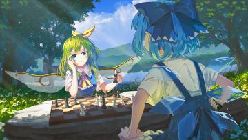 2girls 3d banjie blue eyes blue hair bow building cirno clouds daiyousei dress fairy flowers grass gray hair ponytail shade shirt short hair sky touhou tree water wings