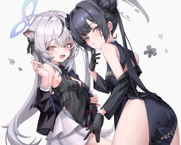 2girls animal ears black hair blue archive blush bow braids brown eyes chinese clothes chinese dress dress fang gloves gray hair halo jun daniell long hair ryuuge kisaki skirt sunohara kokona twintails white