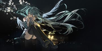 angel aqua eyes aqua hair black blush boots chibi flowers halo hatsune miku headphones long hair microphone musan (musansansan) petals sketch skirt thighhighs tie twintails vocaloid wings