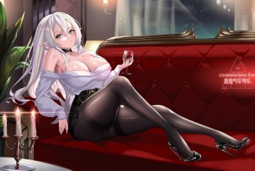 breasts building choker city cleavage clouds couch drink gray hair green eyes leaves long hair mad kimo night no bra original pantyhose pointed ears skirt sky watermark