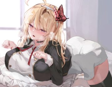 ass bed blonde hair blush breasts choker dolechan headband long hair original purple eyes shirt skirt thighhighs zettai ryouiki