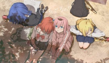 aqua eyes blonde hair blue hair bocchi the rock! book bow candy gotou hitori group ijichi nijika kita ikuyo leaves lollipop long hair phone pink hair ponytail red hair school uniform shade shirt short hair signed skirt sleeping yamada ryou yo na