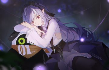 bow headdress jiang zhuti jiojio long hair pointed ears purple hair red eyes shirt skirt vivian banshee zenless zone zero