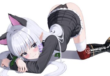 animal ears ass blush boots bow dress gray eyes gray hair kurone (kurone ryuo) long hair original panties pointed ears skirt lift thighhighs underwear watermark white