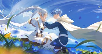aliasing blue eyes blue hair blush boots cape clouds crying dress flowers frieren grass gray hair green eyes headdress himmel (sousou no frieren) hood long hair male oichida pantyhose petals pointed ears short hair sky sousou no frieren tears twintails water
