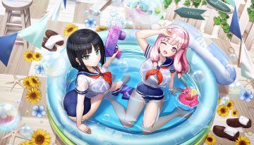 2girls ass barefoot black hair breasts bubbles dolphin wave drink eines (dolphin wave) flowers green eyes gun leaves nacht (dolphin wave) ootomo takuji pink eyes pink hair pool school swimsuit school uniform see through shirt short hair summer sunflower swimsuit water weapon wet wink