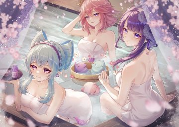 aqua hair ass bath braids breasts cherry blossoms cleavage drink fan flowers food genshin impact petals pink eyes pink hair pointed ears purple eyes purple hair raiden shogun tail towel water yae miko yumemizuki mizuki yuno kaihara