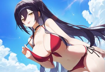 bikini black hair blush breasts choker cleavage clouds idolmaster idolmaster shiny colors long hair melreon navel necklace ponytail shirase sakuya sky swimsuit wet yellow eyes