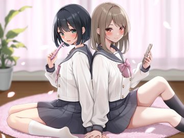 2girls black hair blush bow brown hair green eyes karutamo original phone red eyes school uniform short hair