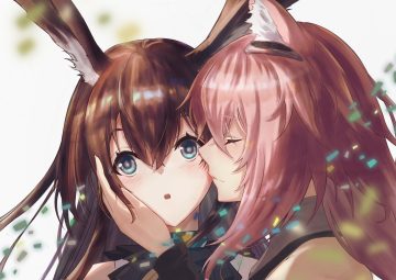 2girls amiya (arknights) animal ears aqua eyes arknights blush brown hair bunny ears bunnygirl close gravel (arknights) long hair pink hair shoujo ai wn (wani-noko)