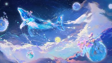 2girls animal bow brown hair cat clouds dress flowers hood long hair momo (nikki) nikki (nikki) nikki (series) pink hair planet shining nikki sky stars tagme (artist) tagme (character)