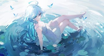 barefoot bicolored eyes blue eyes bow butterfly choker dress flowers furina (genshin impact) genshin impact leaves long hair omone hokoma agm summer dress water wet white hair