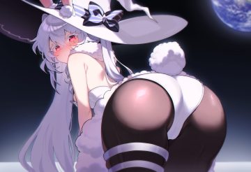 animal ears ass blush bow bunny ears bunnygirl cameltoe cat smile earth garter hat leotard long hair original pantyhose planet red eyes savi (byakushimc) tail twintails white hair witch hat