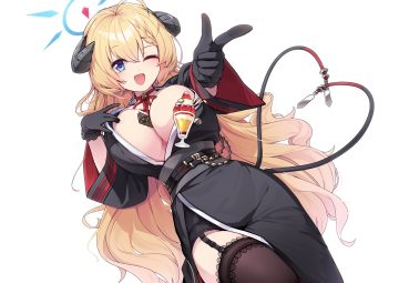 blonde hair blue archive blue eyes braids breasts choker cleavage ddangbi dress food fruit garter belt gloves halo horns long hair multiple tails no bra open shirt pocky stockings strawberry tail wanibuchi akari white wink