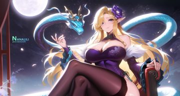 blonde hair blue eyes breasts chinese clothes chinese dress cleavage dragon dress long hair moon night nopan pointed ears sky smiling embassies thighhighs watermark