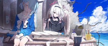 2girls aqua hair arona (blue archive) bath blue archive bow braids choker clouds gray eyes gray hair gun halo headband loli long hair mirror plana (blue archive) reflection ruins school uniform shade short hair skirt sky sleeping umbrella water weapon yo na