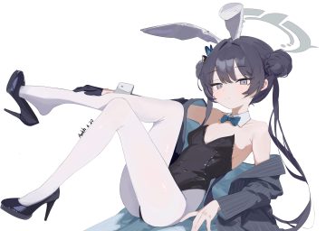animal ears black hair blue archive blush braids breasts bunny ears bunnygirl cleavage gloves gray eyes halo leotard long hair pantyhose ryuuge kisaki sanll lu signed twintails white wristwear