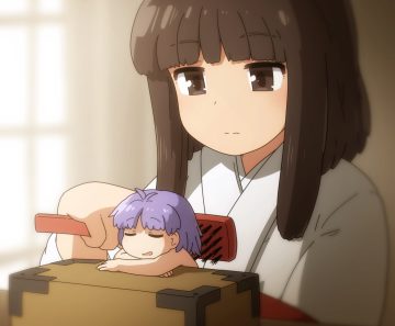 2girls brown eyes brown hair close cropped hakurei reimu japanese clothes miko purple hair shirosato short hair sukuna shinmyoumaru touhou