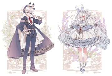 animal ears bicolored eyes bow bunny ears bunnygirl cape flowers hat lemon89h lolita fashion long hair male original purple eyes shirt short hair signed socks suit tie twintails white white hair
