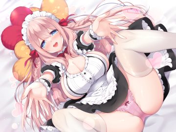 bed blue eyes blush cameltoe headdress maid no bra original panties pink hair ringo sui sideboob skirt lift spread legs thighhighs underwear