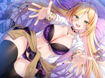 bed blonde hair blush bra breasts choker green eyes koyama sao navel necklace open shirt original panties school uniform skirt lift thighhighs underwear wristwear