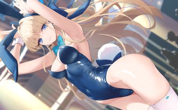 animal ears asuma toki blonde hair blue archive blue eyes bow braids breasts bunny ears bunnygirl cleavage halo headband leotard long hair mirea tail thighhighs