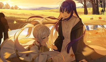 2girls autumn boots cape clouds dress fern (sousou no frieren) frieren grass gray hair green eyes leaves long hair oichida pointed ears purple eyes purple hair reflection sky sousou no frieren sunset tree twintails water