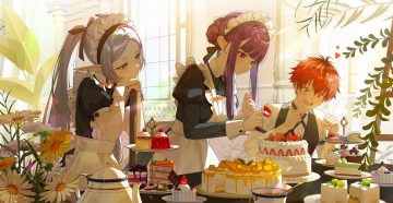 2girls apron bow braids cake cherry dress drink fern (sousou no frieren) flowers food frieren fruit green eyes headdress heart leaves long hair maid male oichida orange (fruit) pointed ears purple eyes purple hair red eyes red hair shirt short hair sousou no frieren stark (sousou no frieren) strawberry twintails wristwear