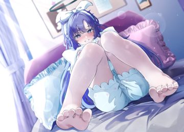 barefoot bed blue archive blue eyes blue hair blush hayase yuuka headband long hair nanao (m44132yf) pajamas shorts
