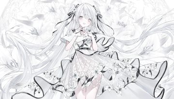 blush bow choker flowers gray eyes gray hair long hair noah (0noah) nopan original polychromatic ribbons see through twintails wristwear