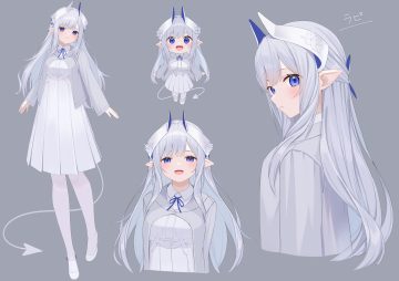 blue eyes bow chibi dress gray gray hair hashiko nowoto horns long hair original pantyhose pointed ears tail