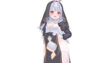 animal ears bunny ears bunnygirl cross gray hair hashiko nowoto headdress leotard long hair necklace nun original red eyes skirt lift thighhighs third-party edit white