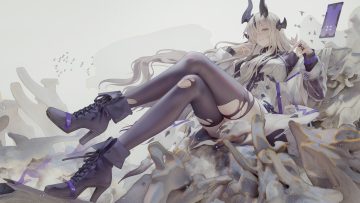 arknights binggong asylum boots dress eblana (arknights) gray hair green eyes horns long hair thighhighs torn clothes