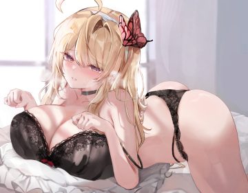 ass bed blonde hair blush bra breasts choker cleavage dolechan headband long hair original panties purple eyes underwear
