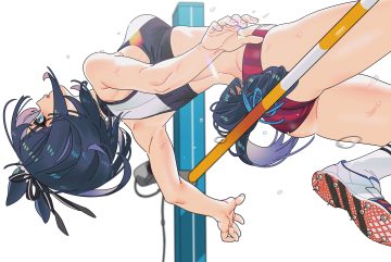 animal ears anthropomorphism black hair bloomers blue eyes bow eishin flash kneehighs sarcophage short hair sport sports bra tail uma musume: pretty derby wet white