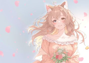 animal ears bicolored eyes blonde hair blush catgirl close dress flowers long hair mikan mizu nanto kanaru petals