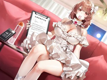 blush bow breasts brown hair cleavage condom couch dress kuroi suna moon night original red eyes short hair