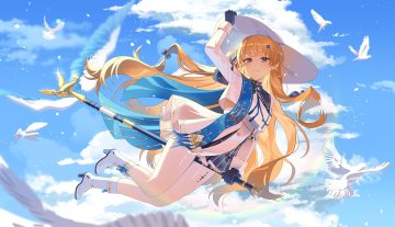 aete animal bird blonde hair clouds dress gloves hat long hair pantyhose phoebe (wuthering waves) purple eyes sky staff tattoo wuthering waves