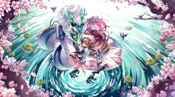 animal barefoot bicolored eyes bird bow breasts brown hair cherry blossoms cleavage dragon dress elbow gloves flowers gloves kira yukishiro long hair original petals pointed ears ribbons signed water wristwear