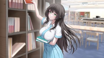 black hair book bow breast hold breasts erbium green eyes long hair original school uniform shirt skirt tie