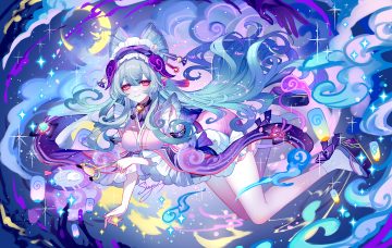 apron aqua hair bell bow choker fan genshin impact headdress japanese clothes kimono lolita fashion long hair magic moon pink eyes pointed ears ribbons sheya signed socks tail yumemizuki mizuki