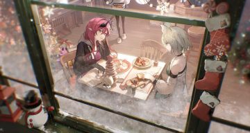 amiya (arknights) animal ears arknights ascalon (arknights) candy catgirl choker christmas dress drink eru daydream food gray hair green eyes hood horns kal'tsit (arknights) lollipop long hair pantyhose paper pink eyes pointed ears red hair short hair skirt snow tree winter
