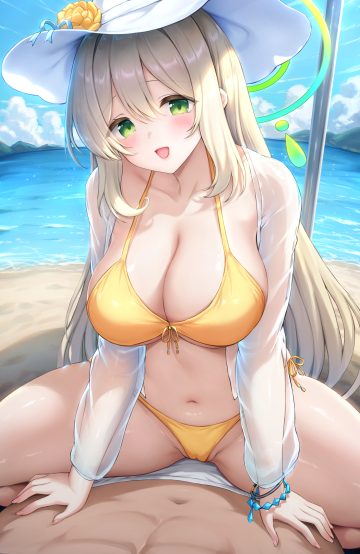 sayika blue archive izayoi nonomi bikini cameltoe halo open shirt see through swimsuits thong