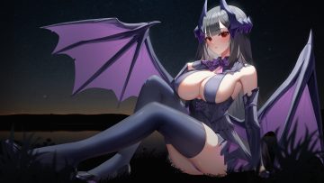 black hair blush breasts cleavage corset demon dress gimseol gloves grass horns long hair night original panties red eyes sideboob sky stars thighhighs underwear upskirt wings