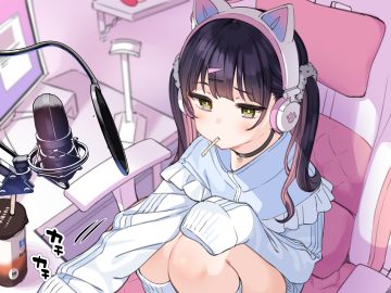 animal ears black hair blush choker computer drink food green eyes headphones kneehighs loli long hair mankai kaika microphone original sketch twintails