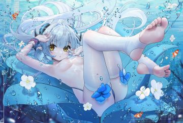 animal barefoot blush breasts bubbles cameltoe fh moya fish flowers gray hair horns long hair nipples original panties pointed ears thighhighs topless underwater underwear water wristwear yellow eyes