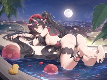 ass ball barefoot beach black hair breasts brown eyes building cameltoe city flowers goth-loli horns lolita fashion long hair matsuno noir moon muloli night original pointed ears rose rubber duck sideboob sky stars sunglasses swimsuit tree twintails water